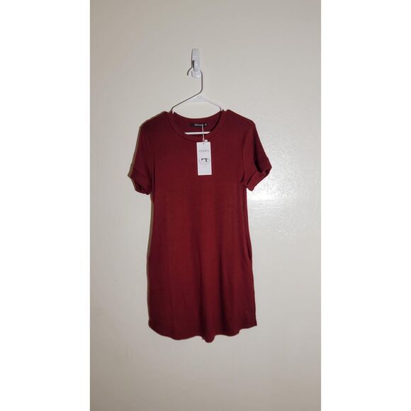 YEXIPO NWT Short Sleeve T Shirt Dress Wine Red Loose Fit Dress w/Pockets sz S - Picture 2 of 8
